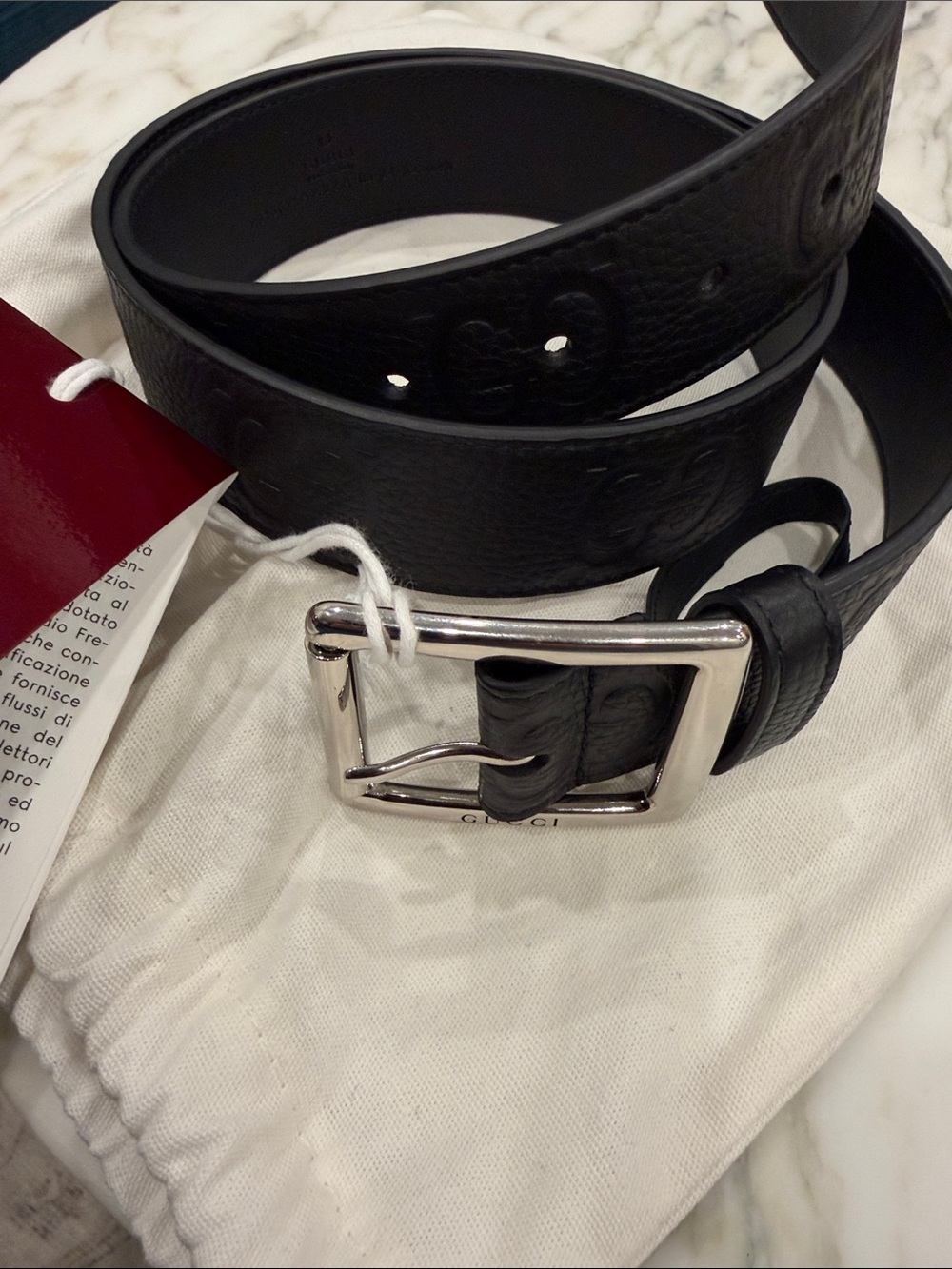 Gucci Black Leather Embossed Logo Belt